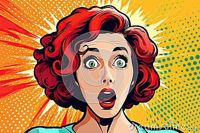 Wow female face. Sexy surprised young woman with open mouth, bright makeup Vector colorful background in pop art retro Vector Illustration