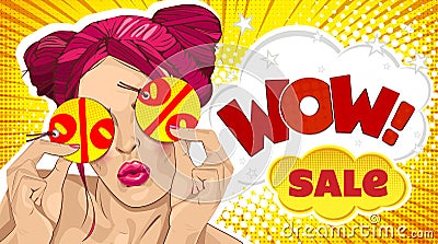 Wow female face. Sexy surprised young woman with pink hair. Vector bright background in pop art retro comic style. Beautiful pink Vector Illustration