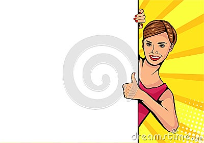 Wow female face. young woman near blank board for your offer. Vector Illustration