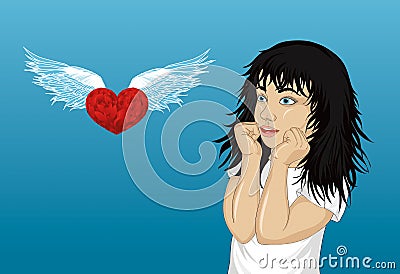 Wow. Girl looking surprised on heart with wings and shows hands Stock Photo