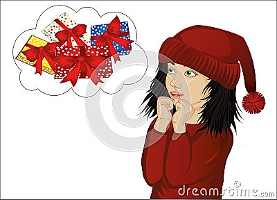 Wow. Girl in Santa Claus costume very surprised. Vector. Child Stock Photo