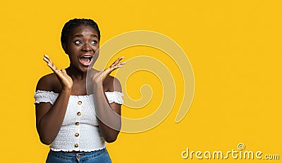 Wow, Great Offer. Emotional Black Woman Exclaiming With Excitement, Looking Away Stock Photo