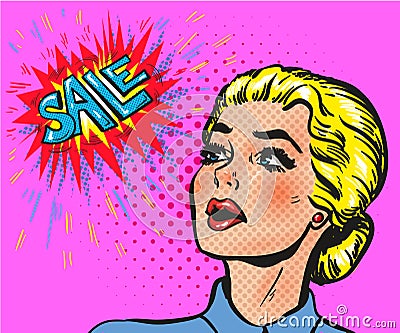 Wow pop art comic female face blond with sale speech bubble Vector Illustration