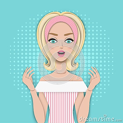 Wow pop art face in paper art style. Young surprised woman Vector Illustration