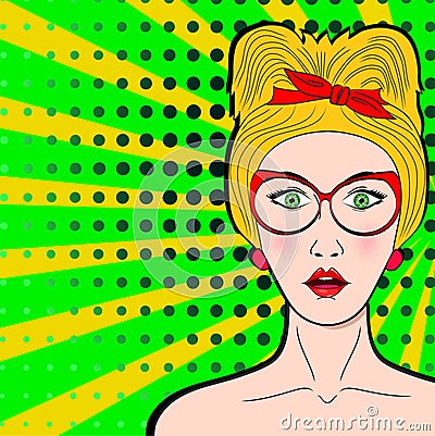 Wow pop art female face. surprised young woman with open mo Vector Illustration