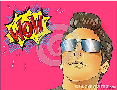 Wow pop art male face. Young surprised man in glasses Vector Illustration