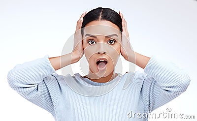 Wow, portrait and woman in studio mind blown, surprised and shocked on white background. Omg, face and girl with open Stock Photo