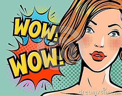 Wow, surprised beautiful girl or young woman. Beauty, pin-up concept. Pop art retro comic style. Cartoon vector Vector Illustration