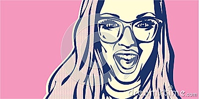 Wow woman. Pop art surprised blond woman face with open mouth. Woman with glasses. Vector Illustration