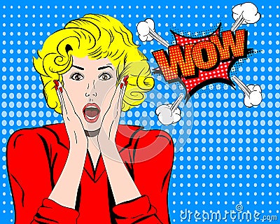 Wow. Wow face. Wow expression. Surprised woman with open mouth vector. Pop art wonder woman. Wow emotion. Wow Comic Vector Illustration