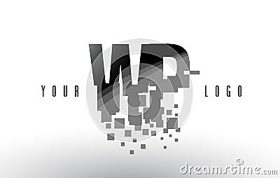 WP W P Pixel Letter Logo with Digital Shattered Black Squares Vector Illustration