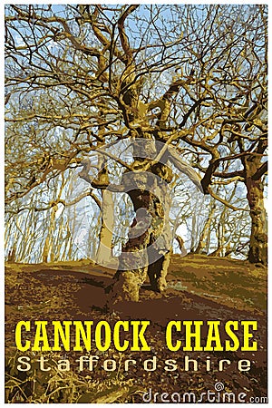 WPA inspired retro travel poster of Cannock Chase, Staffordshire, UK Stock Photo