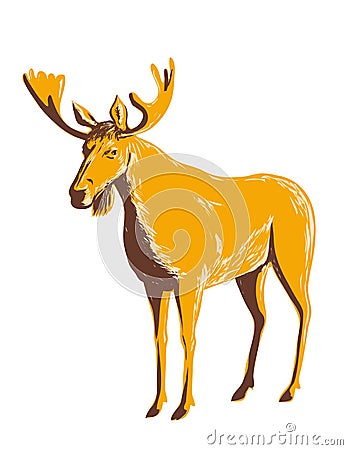 Adult Male Moose or Elk Viewed from Side WPA Poster Art Vector Illustration