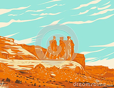 Three Gossips Within Courthouse Towers Cluster in Arches National Park Utah WPA Poster Art Vector Illustration