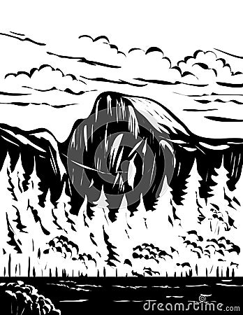 Half Dome at Eastern End of Yosemite Valley in Yosemite National Park USA WPA Black and White Art Vector Illustration
