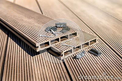 WPC terrace - wood plastic composite material decking boards and fittings Stock Photo