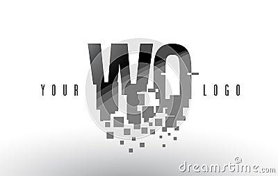 WQ W Q Pixel Letter Logo with Digital Shattered Black Squares Vector Illustration