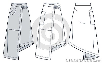 Wrap Skirt technical fashion illustration. Asymmetric Skirt fashion flat technical drawing template, midi lengths, A-line Vector Illustration