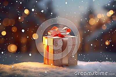 Wrapped Christmas Gift in Street Snow Stock Photo