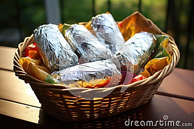 wrapped foil burritos in a basket, ready for on-the-go Stock Photo