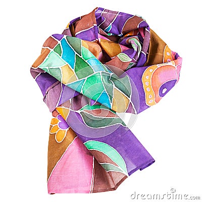 Wrapped brown, violet, green batic silk scarf Stock Photo