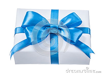 Wrapped white present box with blue knot isolated on white Stock Photo