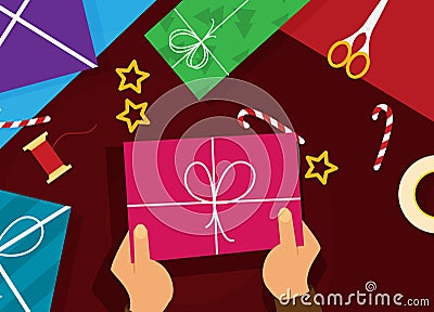 Wrapping christmas gift boxes. Flat vector Vector Illustration