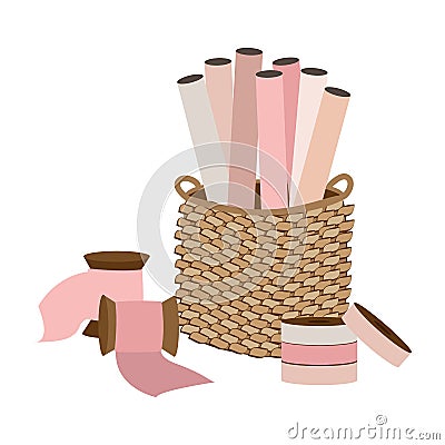 Wrapping paper and ribbons in the basket Vector Illustration