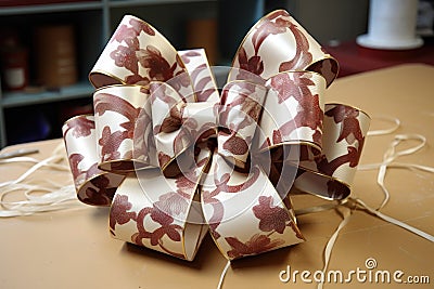 wrapping process with paper, tape, and bow Stock Photo