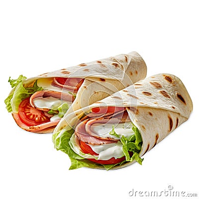 Wraps filled with turkey breast, tomatoes, lettuce and dressing, insulated. Generative AI Stock Photo