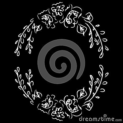 Wreath of abstract flowers and branches isolated on black background. Foral frame design elements for invitations, greeting cards Cartoon Illustration