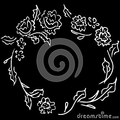 Wreath of abstract flowers and branches isolated on black background. Foral frame design elements for invitations, greeting cards Cartoon Illustration