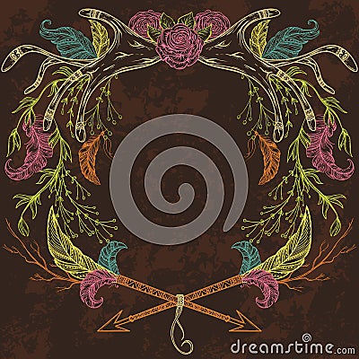 Wreath with antler, feather, arrow, flower, leaf and branch in boho style. Vector Illustration