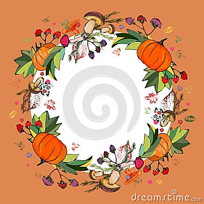 Wreath of autumn leaves. Prints of leaves of different colors.Stylish autumn wreath of leaves, mushrooms, berries, pumpkins. Vector Illustration