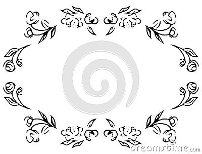 Wreath of black roses or peonies flowers and branches isolated of white. Foral frame design elements for invitations, greeting Cartoon Illustration