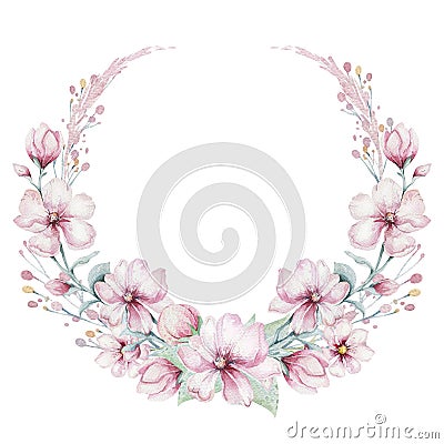 Wreath of blossom pink cherry flowers in watercolor style with white background. Set of summer blooming japanese sakura Stock Photo