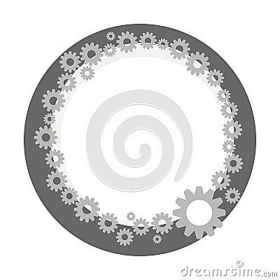 Wreath border gray metallic technical steampunk from small and large gears with dark gray circle isolated on white background vect Vector Illustration