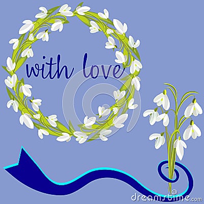 Wreath and a bouquet of delicate snowdrops with love Vector Illustration