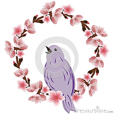 Wreath of branches of a flowering tree with lilac singing bird Vector Illustration