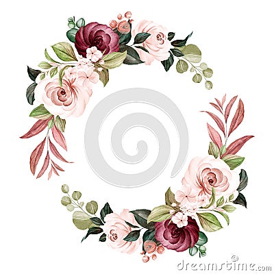 Wreath of brown and burgundy watercolor roses and wild flowers with various leaves. Botanic illustration for card composition Cartoon Illustration