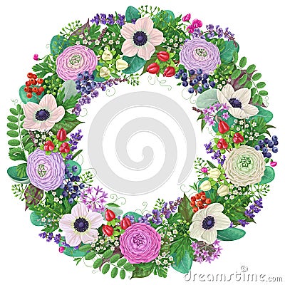 Wreath with buttercup and anemone. Vector Illustration