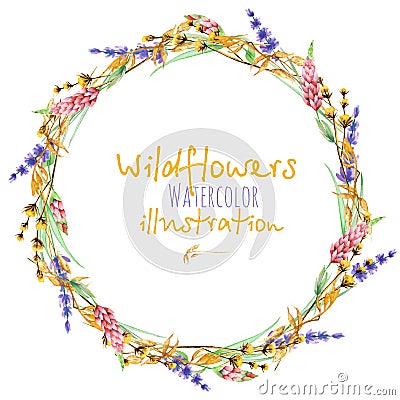 Wreath, circle frame border with yellow dry wildflowers, lupine and lavender flowers Stock Photo