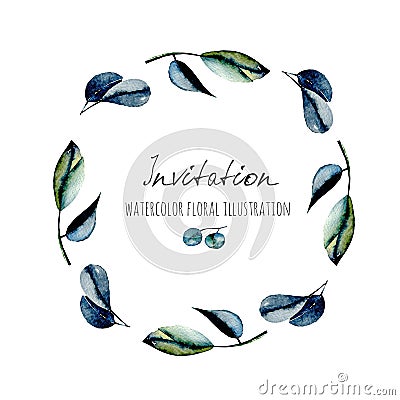 Wreath, circle frame with watercolor dark blue eucalyptus leaves Stock Photo