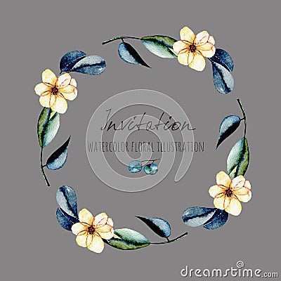 Wreath, circle frame with watercolor pink flowers and dark blue eucalyptus leaves Stock Photo