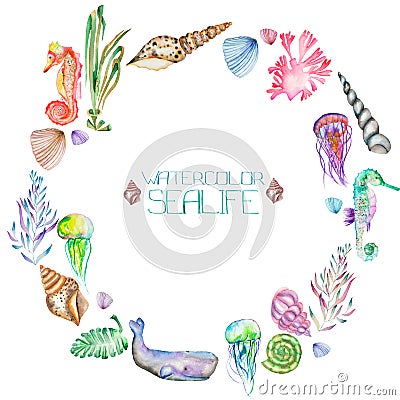 A wreath (circle frame) with the watercolor shells, seahorses, jellyfish, seaweed and other sea elements Stock Photo