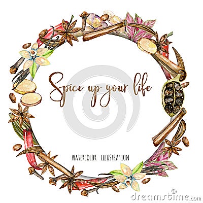Wreath, circle frame from watercolor spices Stock Photo