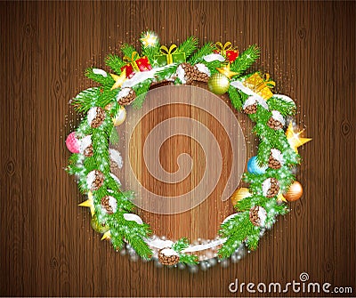 Wreath from cones and fir tree branches with snow, craft boxes, stars and toys on vintage wood background. Winter christmas horizo Vector Illustration