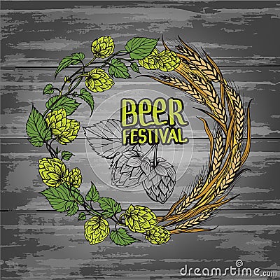 A wreath of ears of wheat and hops Vector Illustration