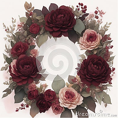 wreath with English roses and burgundy peonies Stock Photo