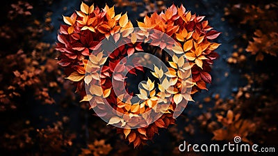 A wreath of fall leaves forms a heart. AI generation Stock Photo